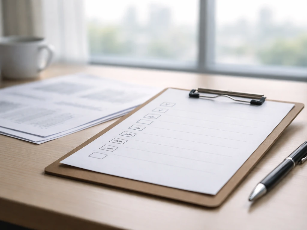 Minimal desk scene with a clipboard checklist and blurred finance documents, symbolizing figure verification