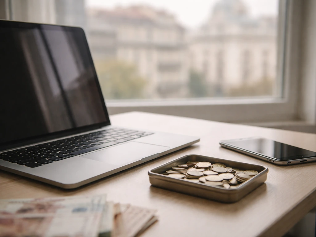 Minimal office desk scene with laptop, coins, and softly blurred city window—symbolic finance research mood.