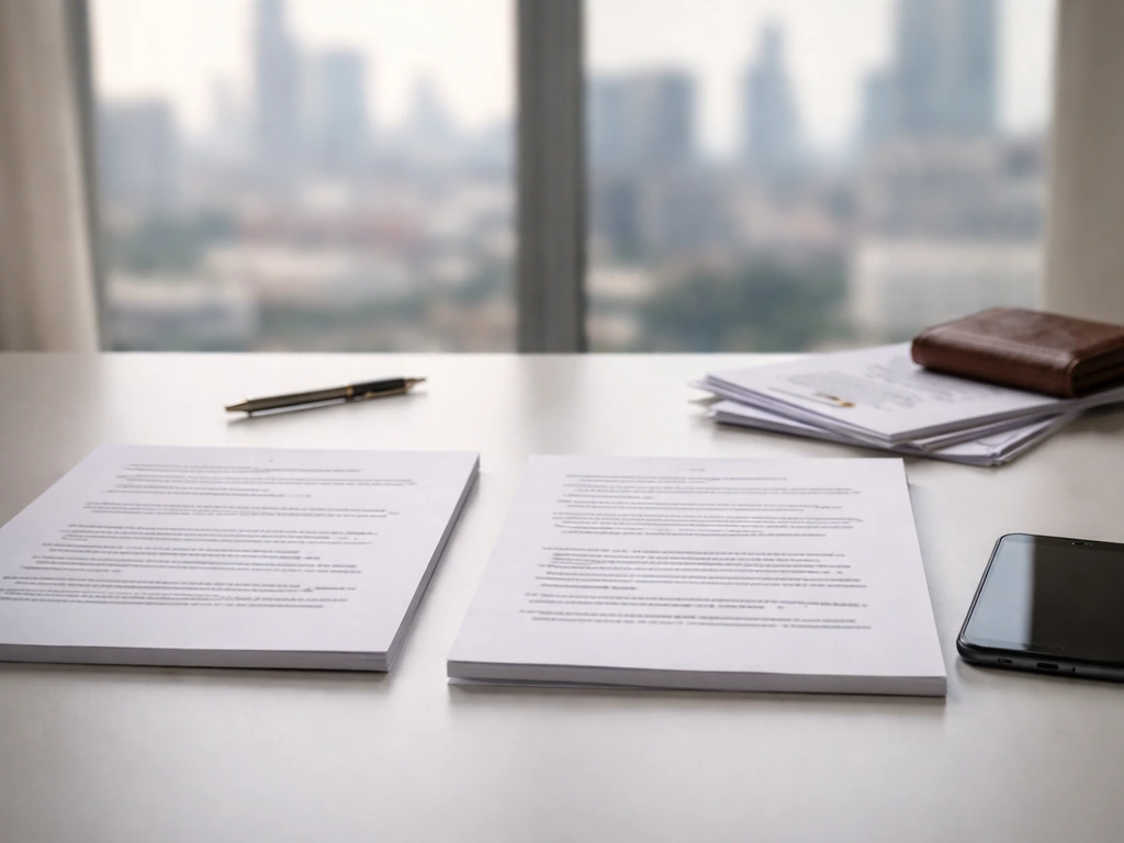 Minimal office desk with documents, smartphone, and wallet implying identity matching and wealth research.