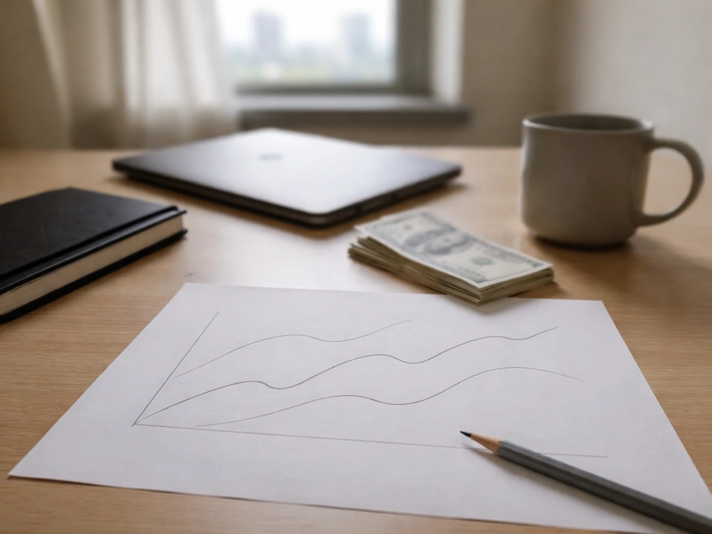 Minimal home office desk with money and a subtle hand-drawn rising curve on paper, suggesting wealth change.