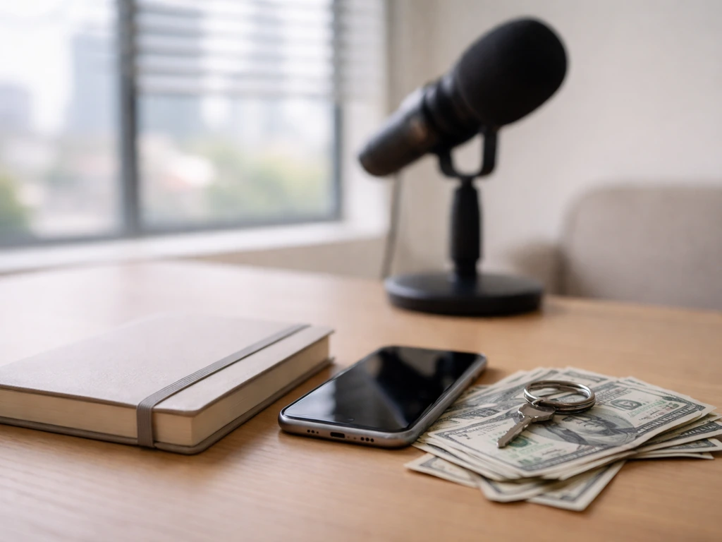 Minimal desk scene showing blurred media and money-related items, symbolizing varying net worth inputs