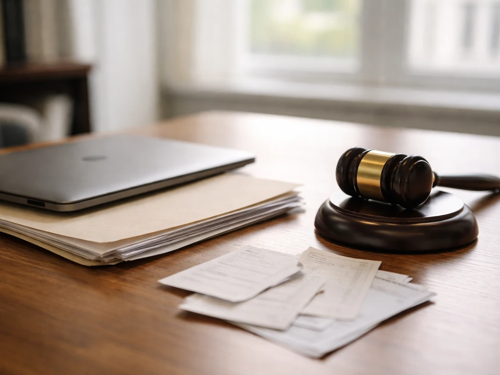 Minimal photo of a lawyer’s desk with documents, a gavel, and a closed laptop suggesting wealth investigation