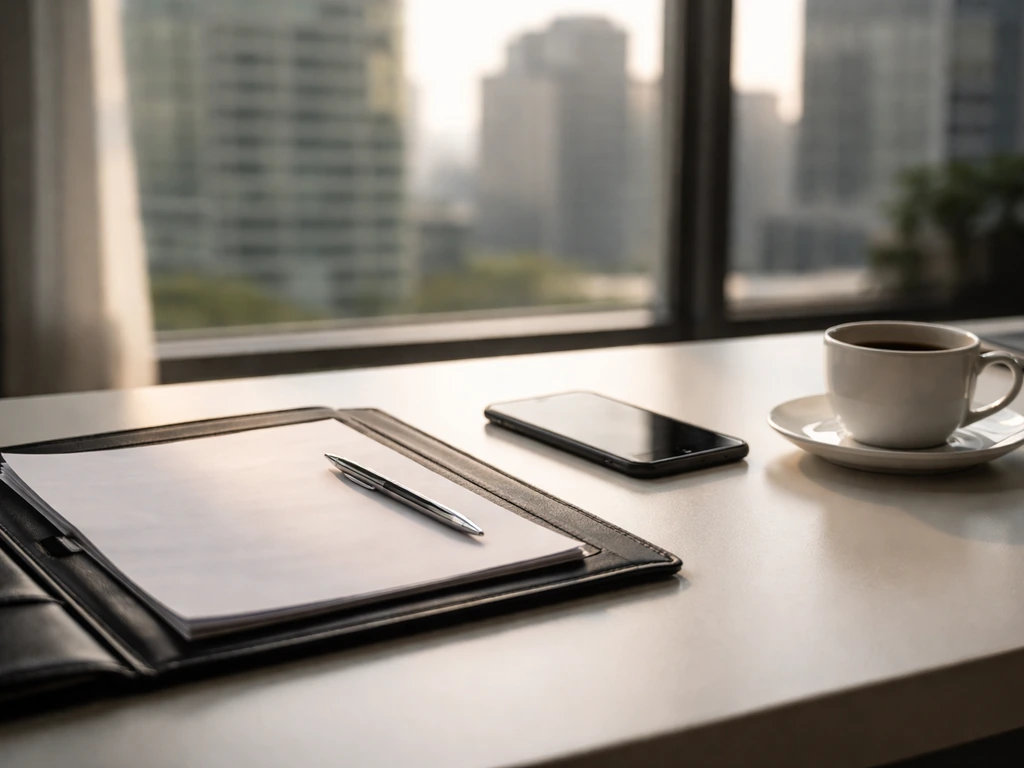 Minimal photo of a business office desk with a smartphone and papers symbolizing wealth and media scrutiny