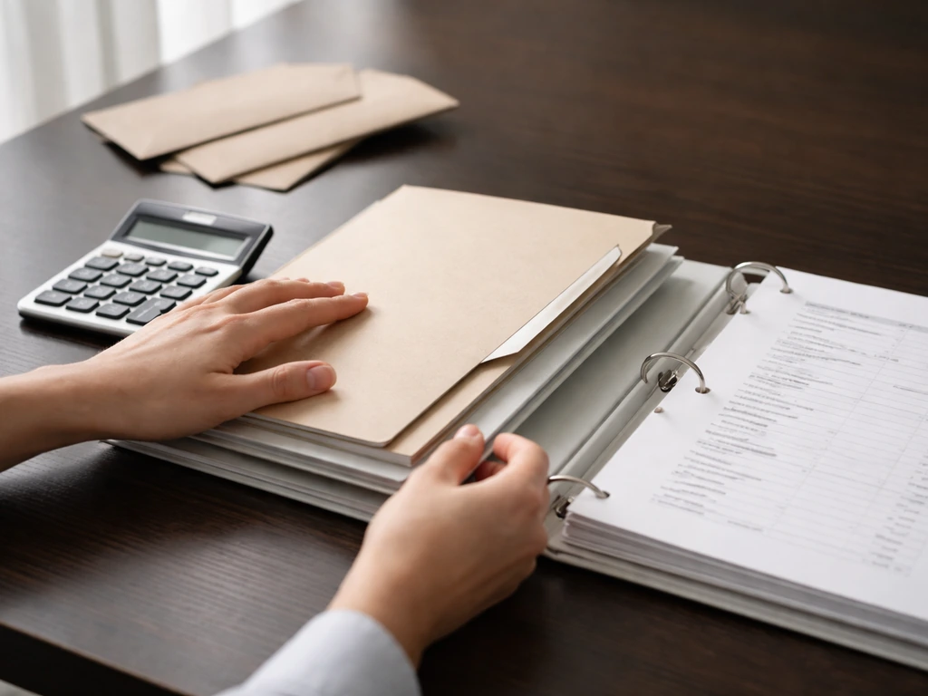 Minimal photo of an open binder, calculator, and envelopes with a focused net-worth assembly feel