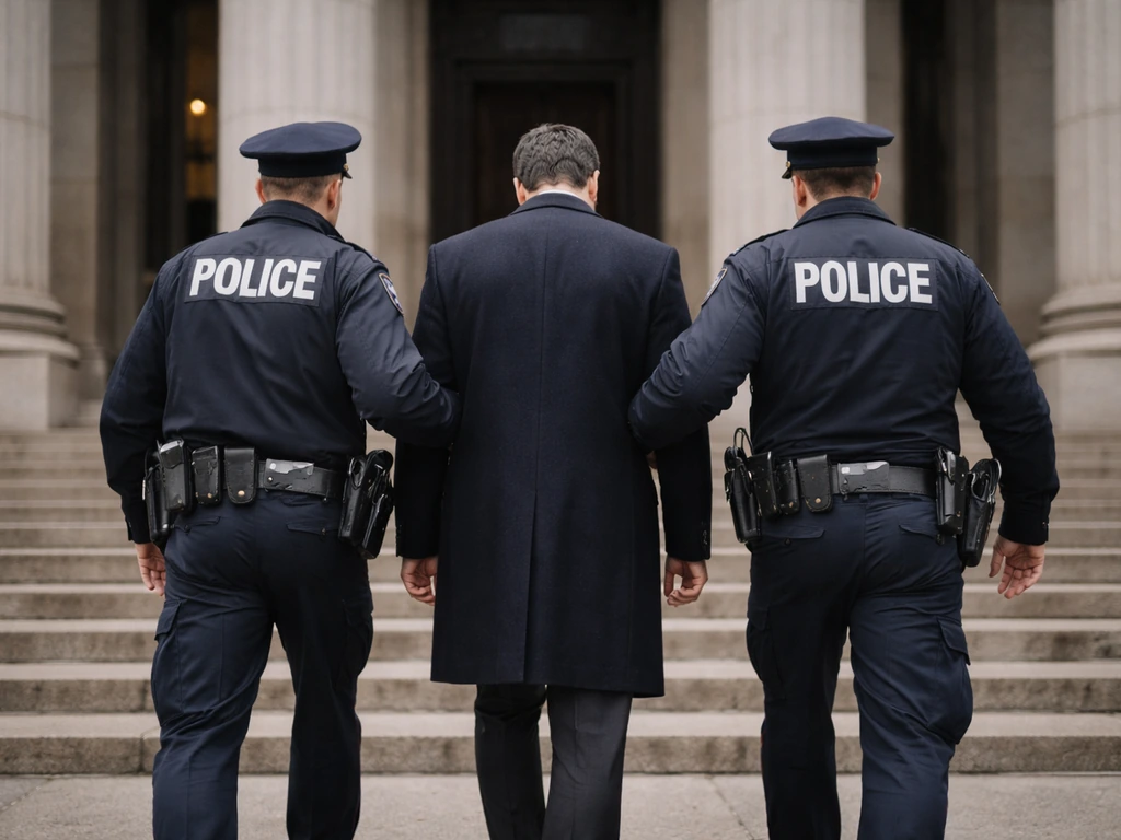 Anonymous man in a dark suit escorted into a courthouse entrance by police officers