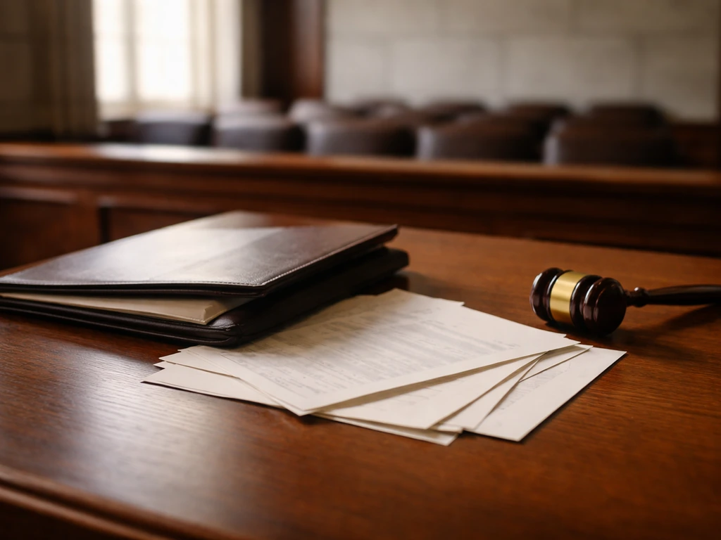 Minimal courtroom desk with scattered legal documents and a gavel, suggesting ongoing legal complexity.