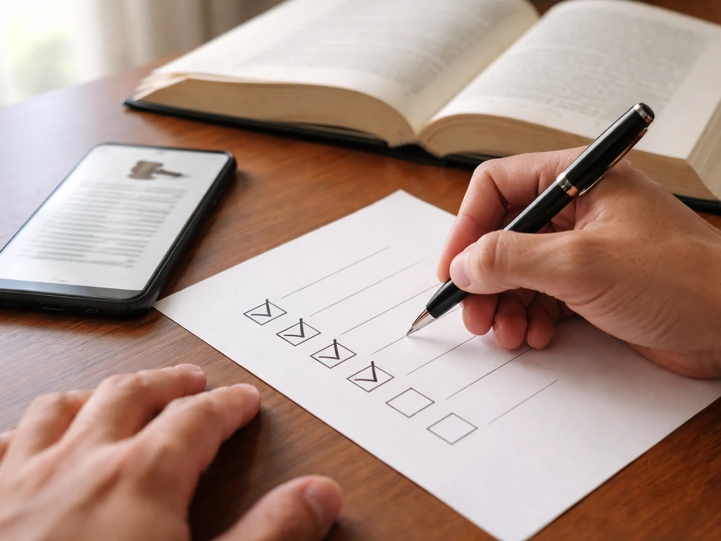 Close-up of hands updating a checklist with a smartphone in front of an open law book