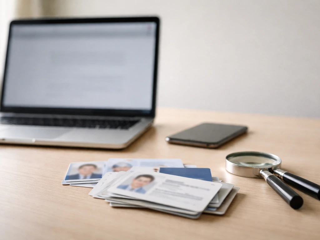Minimal desk with blurred ID cards and an open laptop, suggesting searching and mixing up similar profiles.