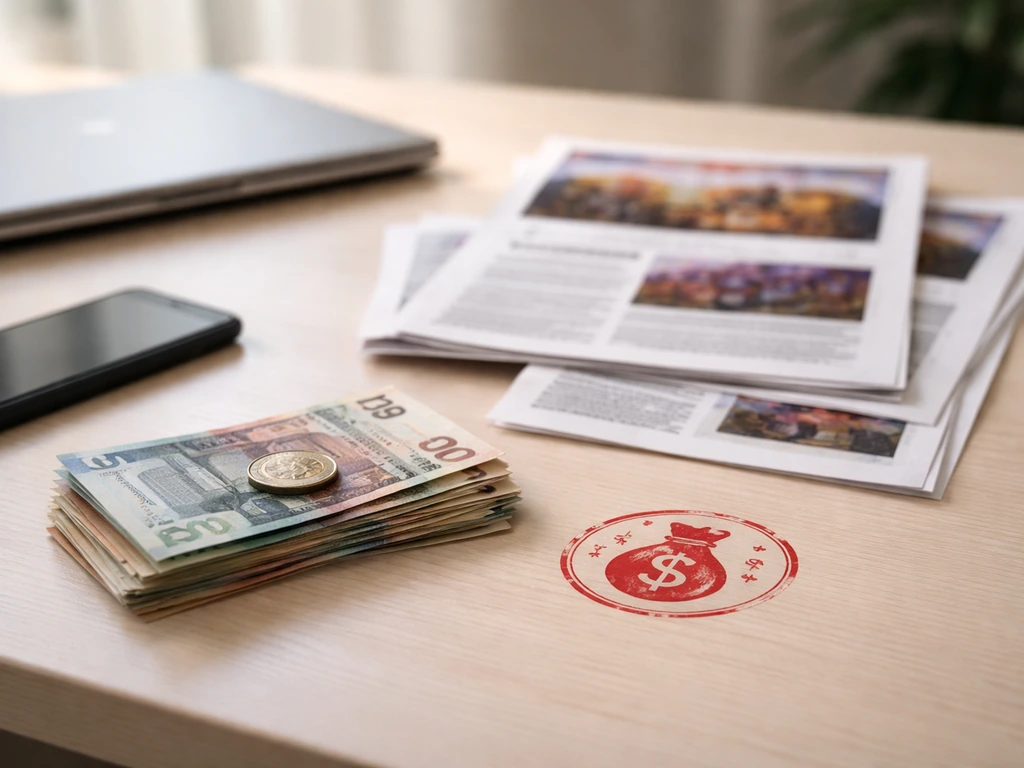 Anonymous office desk with blurred news clippings and a banknote stack symbolizing a widely cited ~$100M estimate.