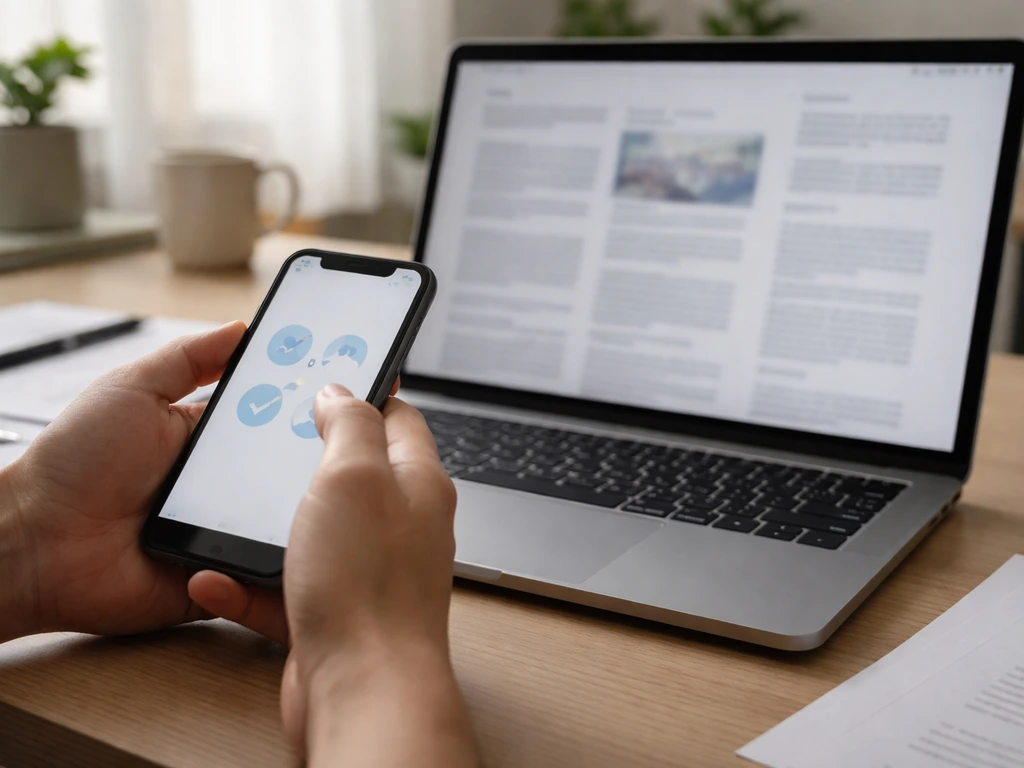 Person checking financial documents on a laptop and phone, with tabs open and papers nearby
