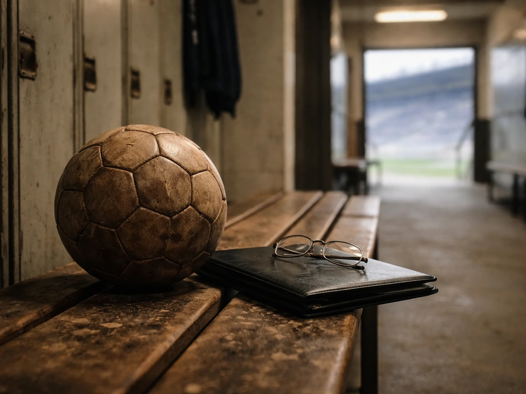Leather football on a bench with a black portfolio and glasses in a quiet club corridor.