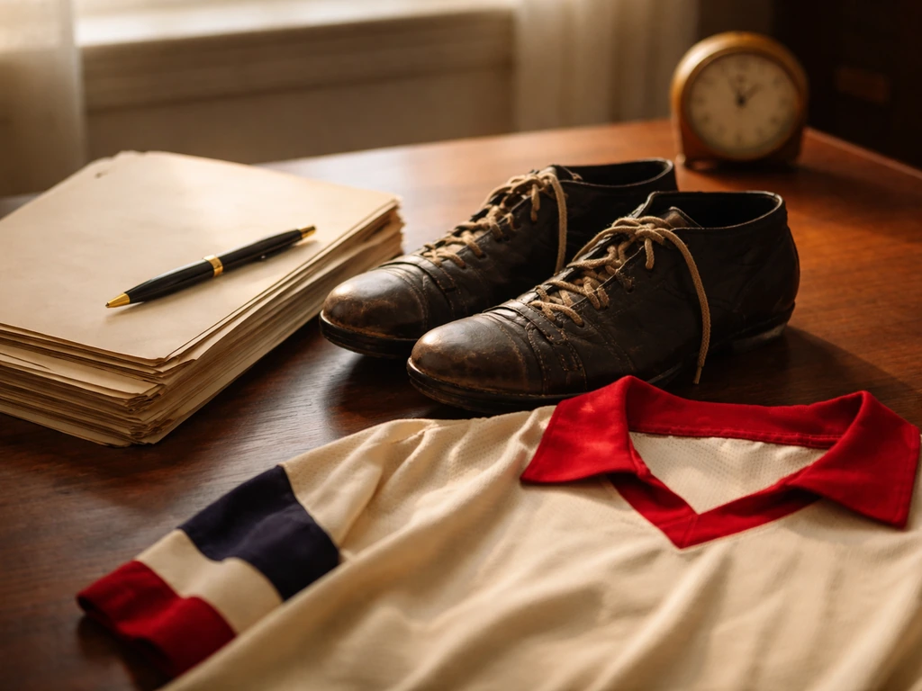 Vintage football jersey, boot, and blank official documents on a desk in warm natural light.