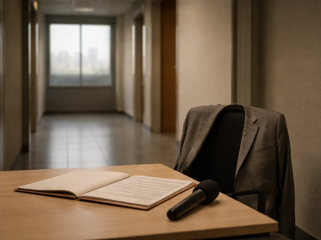 Unoccupied press office desk with microphone and open folder, symbolizing politics and media attention.