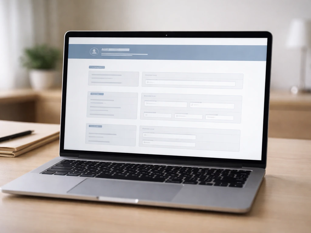 Minimal photo of a laptop showing a blank official-style webpage for asset declarations