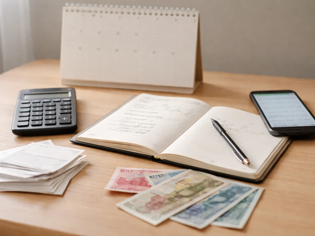 Desk with calculator, calendar dates, and mixed currency banknotes suggesting net worth changes with timing.
