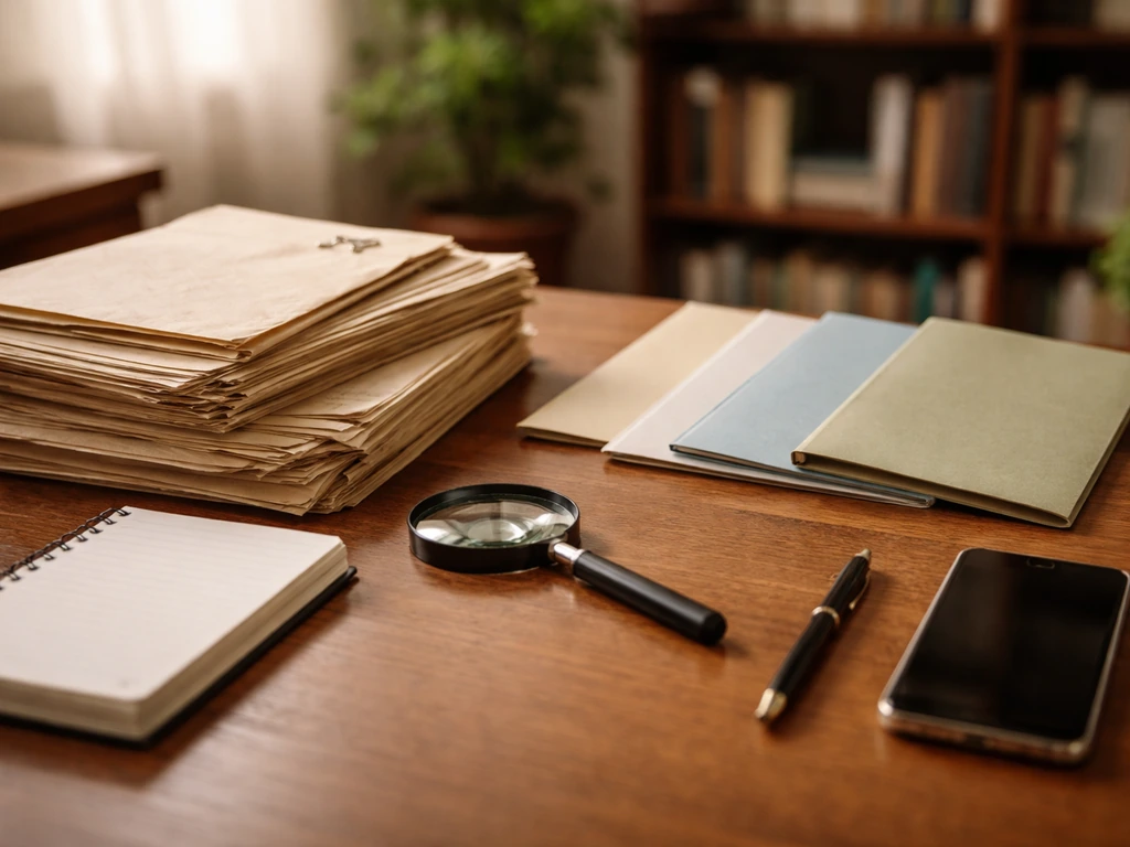 Minimal desk with research documents and magnifying glass symbolizing net-worth estimate methodology