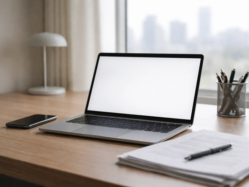 Minimal photo of a laptop on a desk with a blurred city skyline, suggesting research and credibility comparison.