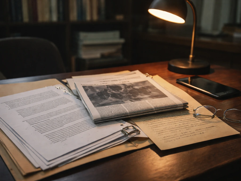 Open court documents on a desk with a newspaper, glasses, and phone in soft natural light.