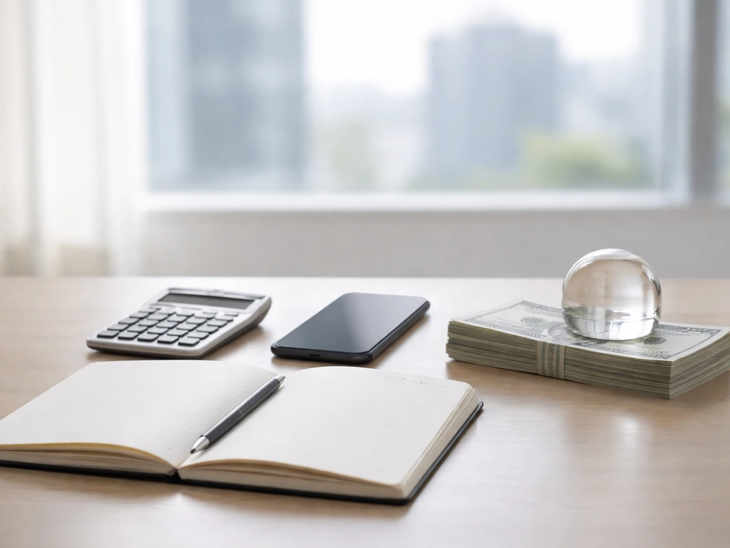 Minimal office desk with calculator, blank notebook, off smartphone, and money bundle near a window.