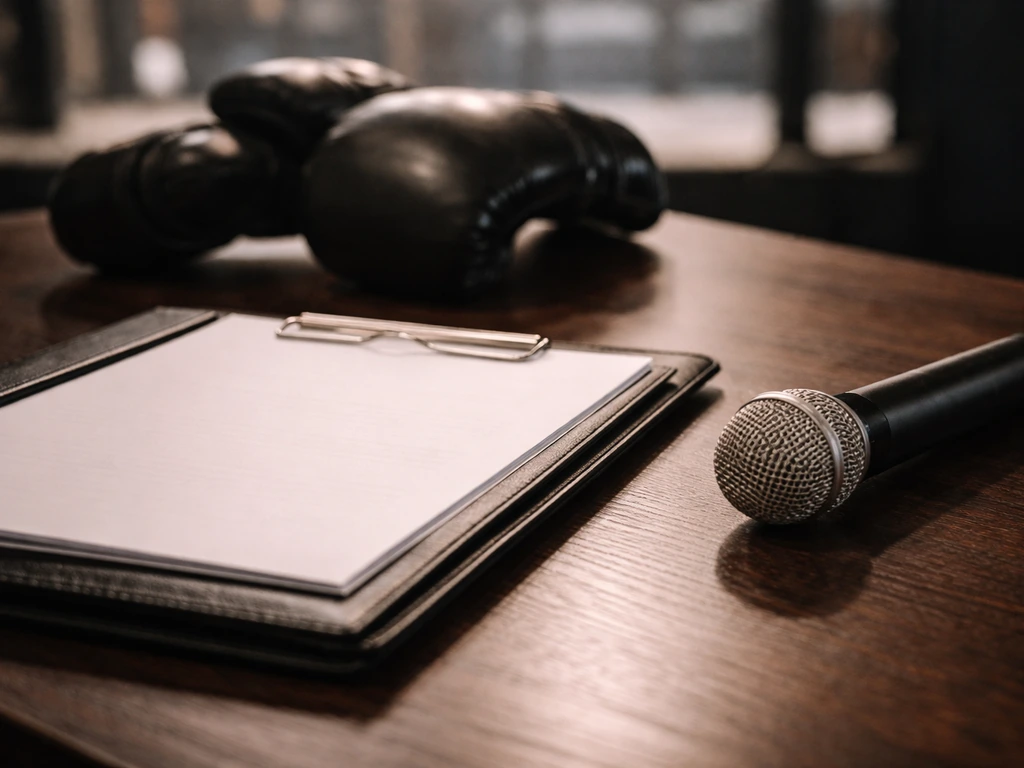 Minimal UFC-themed desk scene with a microphone and contract folder, symbolizing fight show purse and win bonuses.