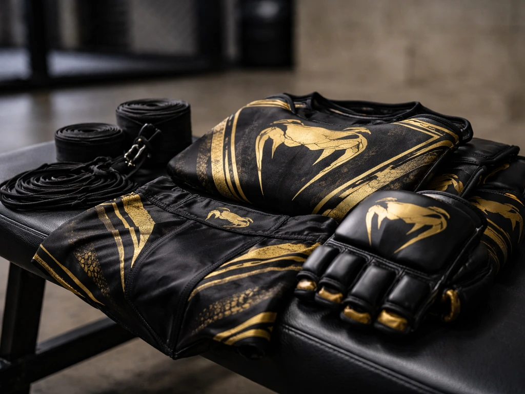 Close-up of MMA walkout gear on a bench with sponsor-style patterned apparel, no people or text.