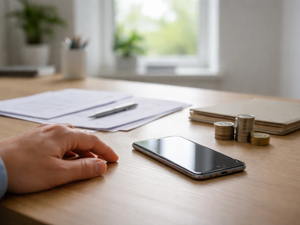 Minimal office desk with a smartphone and scattered documents suggesting a money estimate comparison.