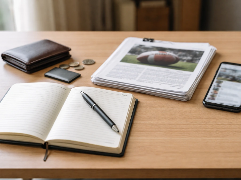 Open notebook with pen beside football-themed papers and a smartphone showing a blurred media screen