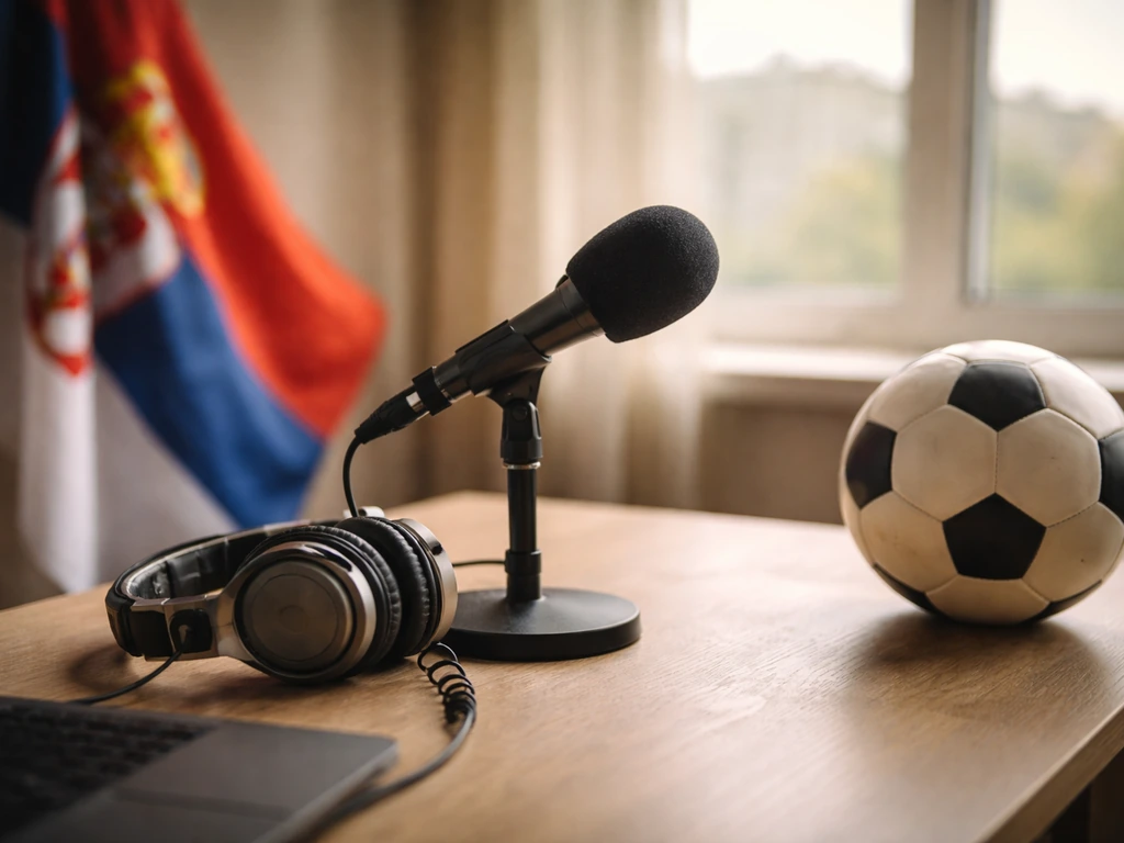 Minimal Serbian football media desk with microphone, headphones, draped flag, and a football.