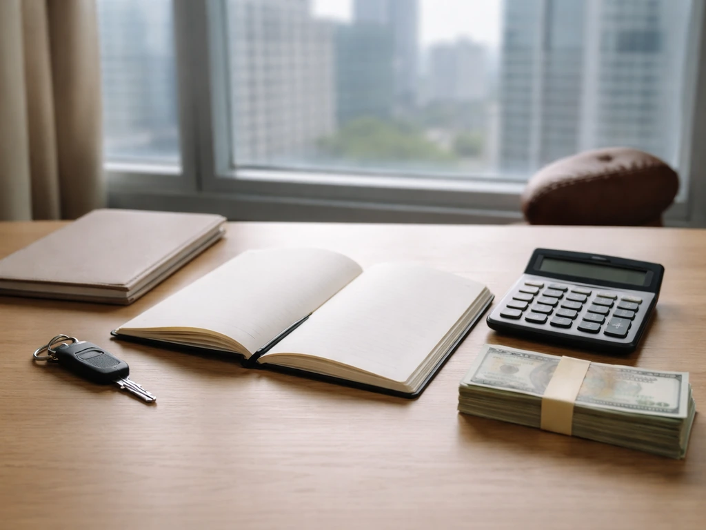 Minimal finance desk scene with calculator and money, with a football nearby and city view through a window.