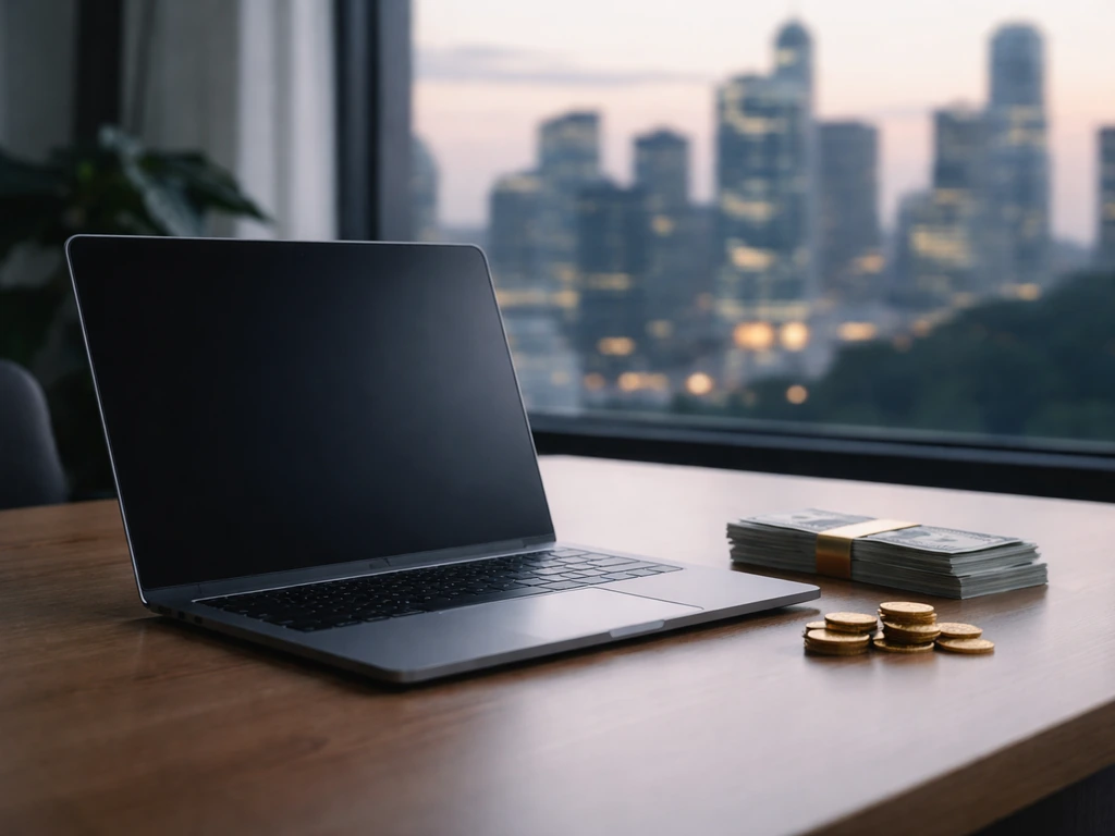 Minimal office scene with a laptop, coin-like tokens, and a city skyline view suggesting gaming tech wealth.
