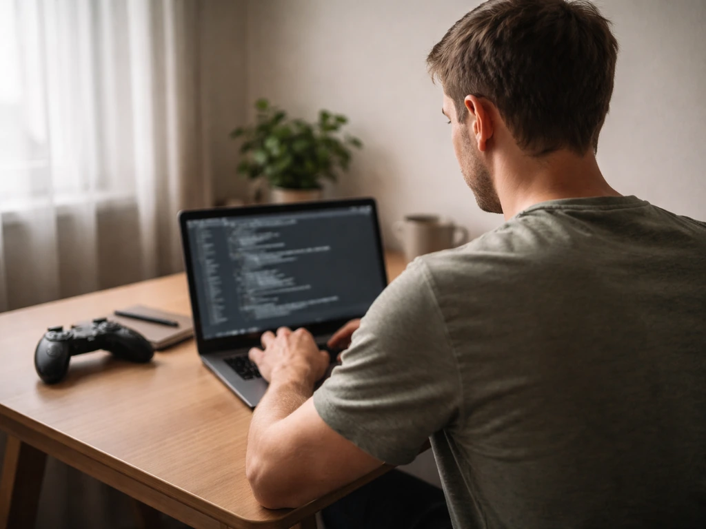 Anonymous developer in a simple home office with a laptop and game-like controller, Croatia vibe