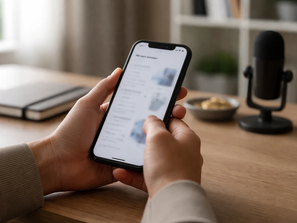 Anonymous hands holding a smartphone with blurred net-worth estimate-style screen and coins on a desk.