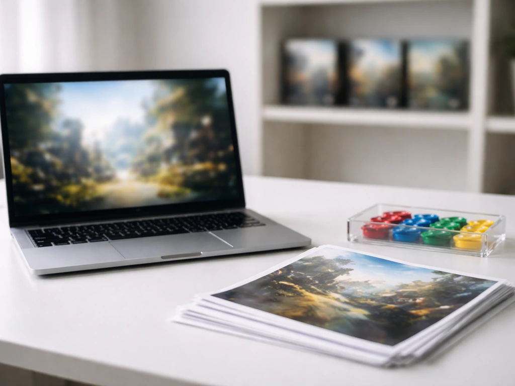 Minimal game studio desk with laptop and abstract cover art, symbolizing equity and early monetization.