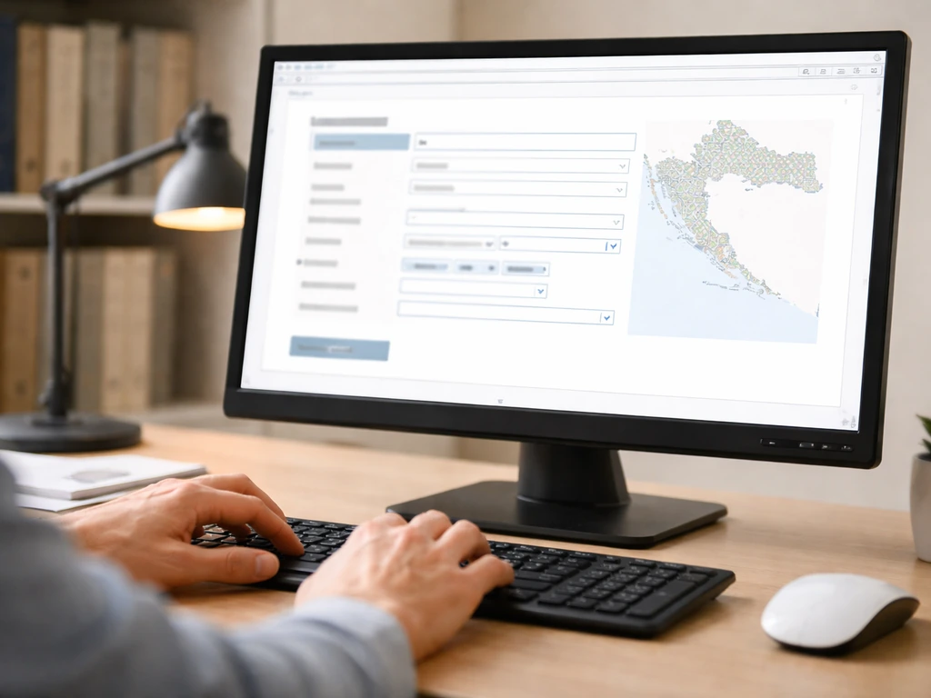Anonymous hands typing at a computer showing a land registry-style property search interface.
