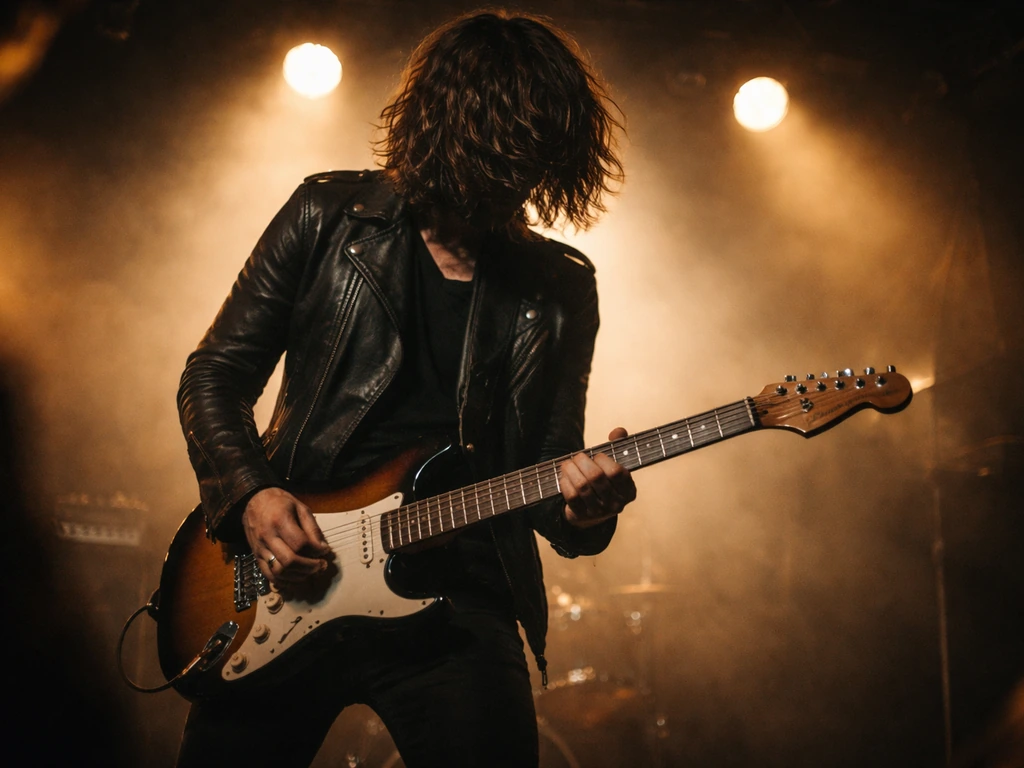Anonymous Serbian rock guitarist performing on stage under warm spotlights