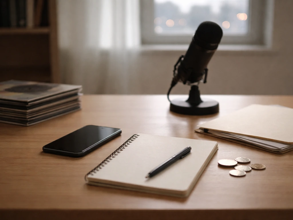 Minimal desk scene with vinyl, microphone, smartphone, coins, and blank documents symbolizing net-worth inference inputs