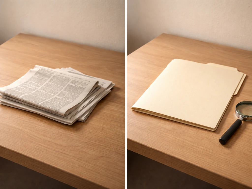 Newspaper clippings on one side and an empty folder with a magnifying glass on the other.