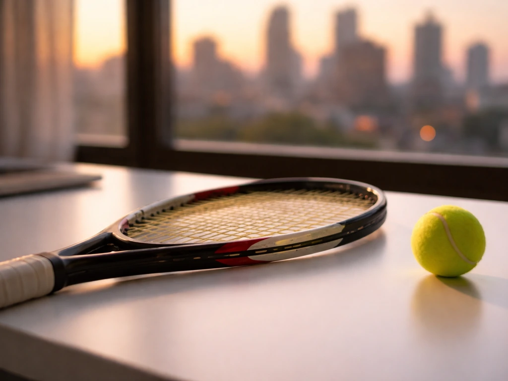 Close-up of a tennis racket and ball on a modern desk with a blurred city skyline, suggesting sports finance analysis.