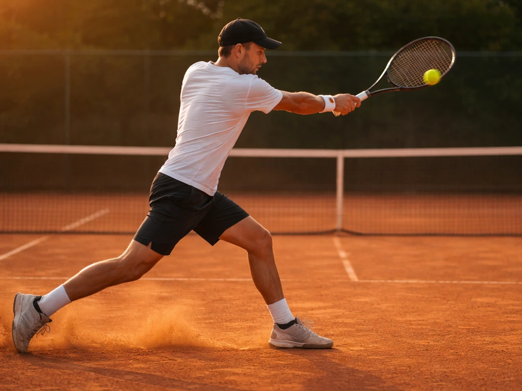 Tennis player mid-swing on a clay court at golden hour, dust in the air.