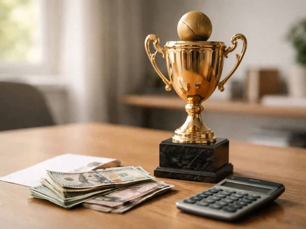 Tennis trophy on a desk beside neatly arranged cash and a calculator, symbolizing career prize money.
