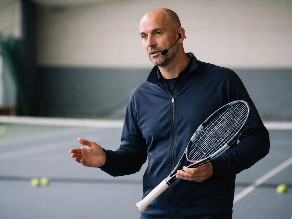 Ivan Ljubičić coaching on a tennis court, holding a racket and gesturing instruction in natural light.