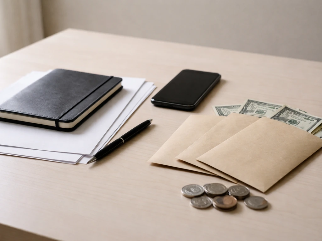 Minimal photo of a calculator beside scattered money envelopes and documents, symbolizing assets minus liabilities.