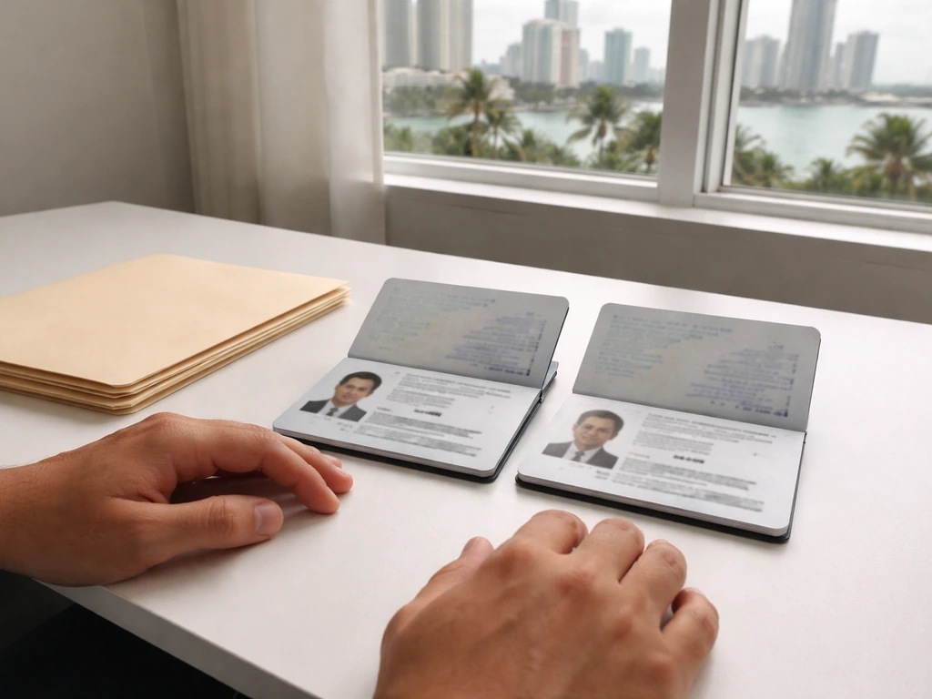 Miami desk scene with two open passports and a legal folder, symbolizing identity name spelling variations.