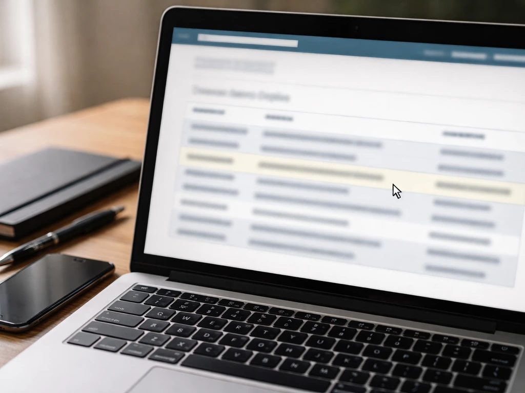 Close-up photo of a laptop showing a generic business registry search result entry.