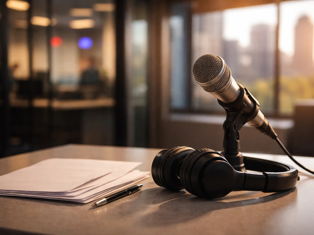 Unbranded studio desk with a microphone and headset, newsroom window view, suggesting media and finance work.