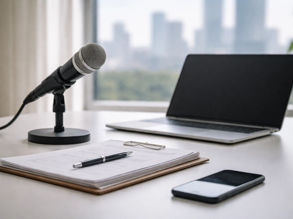 Minimal business desk scene with microphone, contracts, and laptop suggesting administration and sports-business context