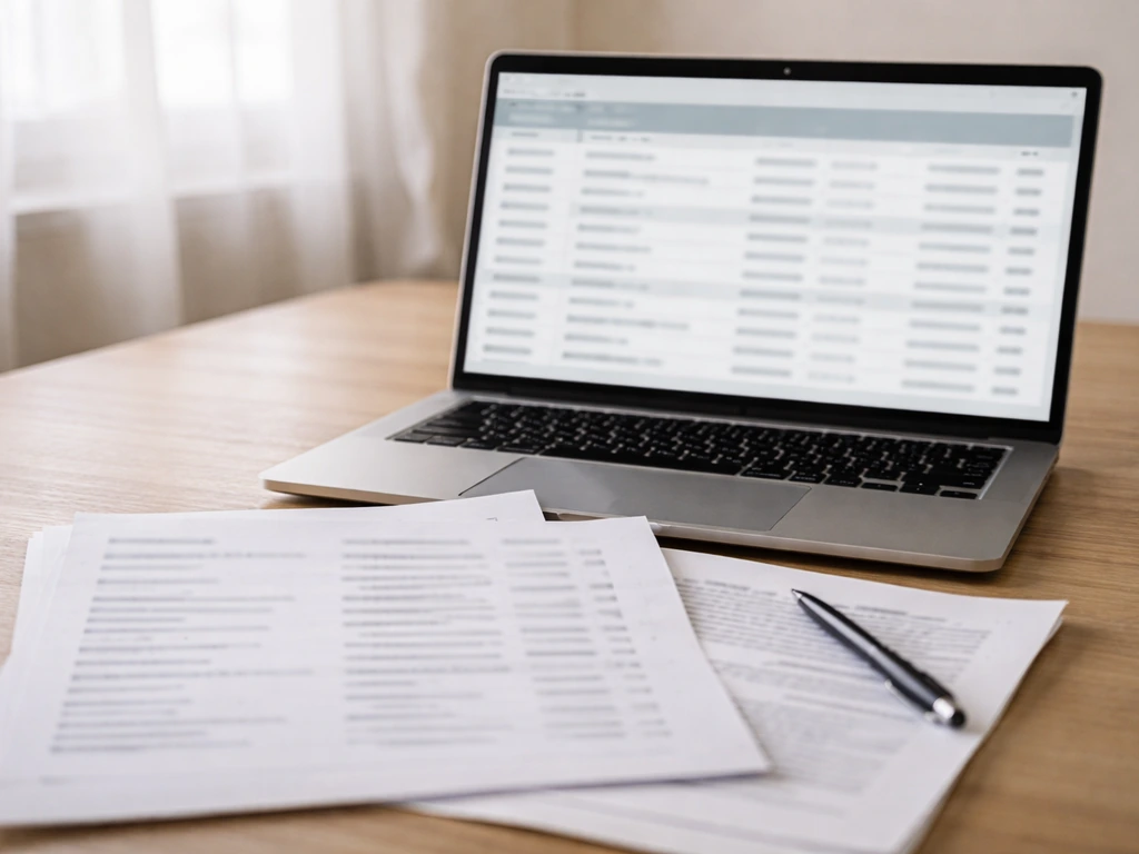 Laptop and printed registry search results on a desk, showing source verification research materials