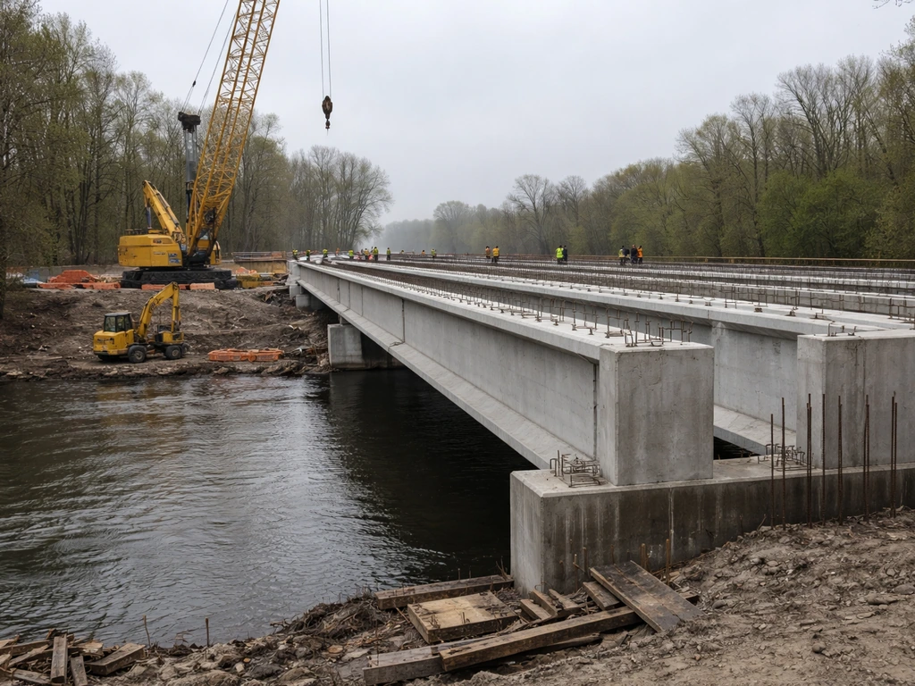 Construction bridge work near a river with cranes and concrete beams in an overcast setting.