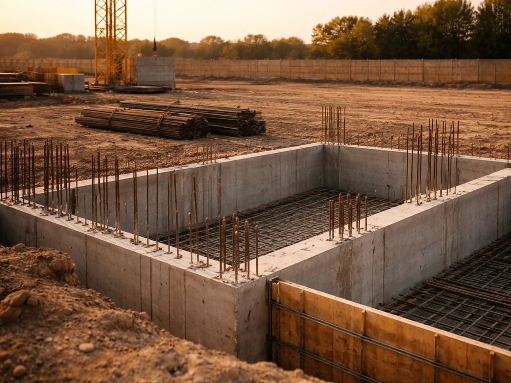 Concrete foundation and construction crane beside fenced property parcels on a minimal construction site.