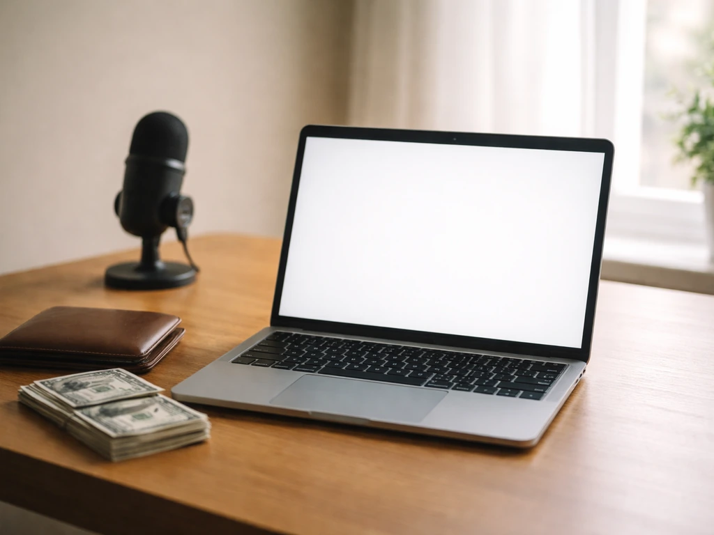 Minimal home-office desk with laptop, wallet, cash, and a microphone symbolizing net worth analysis.